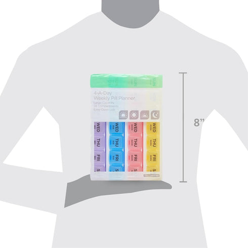 VBUOPES 4-A-Day 8.5" 28 Counter Weekly Pill Planner - Color-Coded Compartments, Easy-Open Lids |