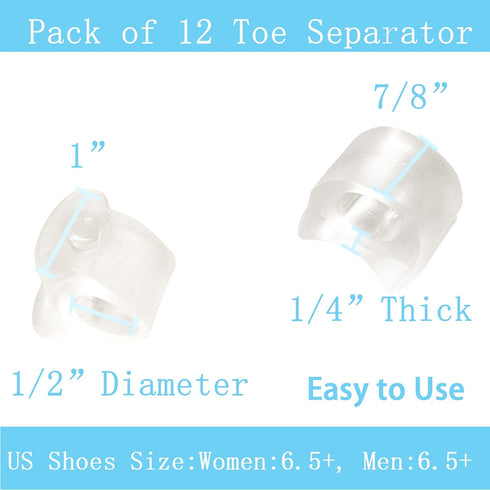 Pack of 12 Gel Toe Separator, 1/4" Thick Big Toe Spacers, Single Loop Corrector and Spacer for Bunions (Clear)