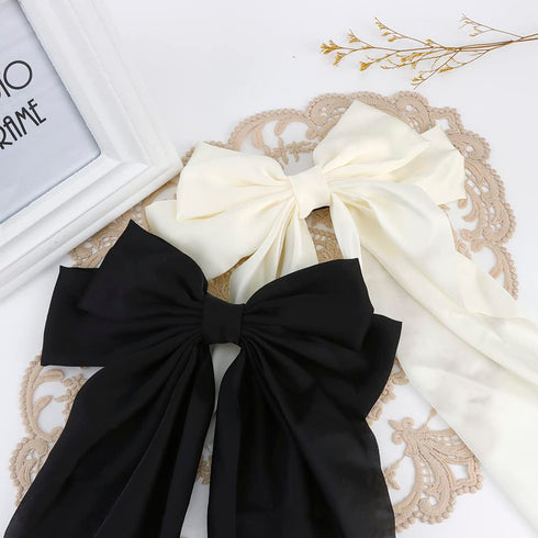 Silky Satin Hair Bows, 2Pcs Big Oversized Hair Bows for Women, White and Black
