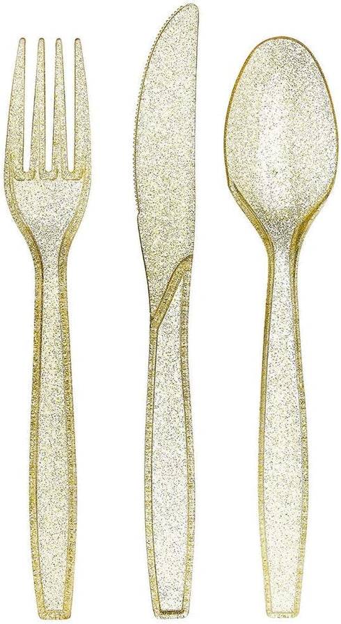 Prestee 180 Gold Plastic Silverware Cutlery Set, Disposable Glitter Gold Utensils, 60 Forks, 60 Spoons, 60 Knives