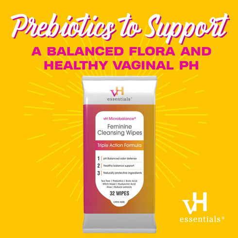 vH essentials Feminine Cleansing Wipes - pH Balanced, Prebiotics, Tea Tree & Aloe, Soothing Witch Hazel, Odor-Blocking