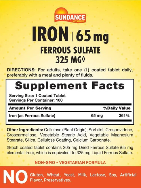 Iron Ferrous Sulfate 65mg | 100 Caplets | Vegetarian, Non-GMO, and Gluten Free Supplement | by Sundance