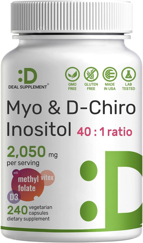 Myo-Inositol & D-Chiro Inositol Supplement (40:1) 2,050mg Per Serving, 240 Veggie Capsules for Women Health
