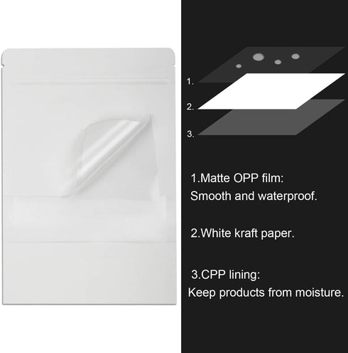 Blisstime 50 Pieces Resealable Bags for Small Business - White Kraft Paper Stand Up Pouches