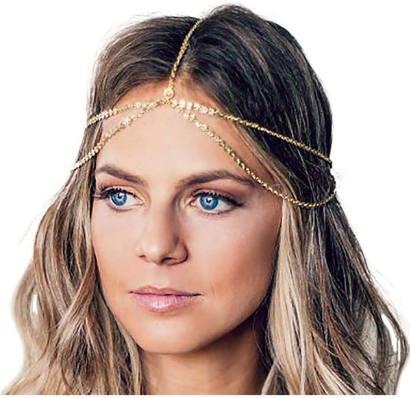 Yean Gold Sequins Head Chain - Bohemian Hair Jewelry Headpiece for Women, Festival Headband Accessories