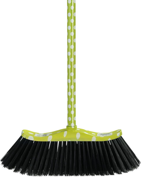 Polka Dot Printed Green Broom, Heavy-Duty Household Broom with Fine Premium Black Bristles for Home, Kitchen, Lobby