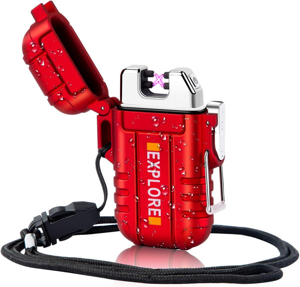 LcFun Arc Lighter - Waterproof Windproof Rechargeable USB Plasma Flameless Electric Lighter with Lanyard (Red)