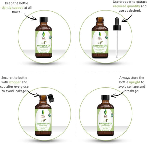 SVA Organics Eucalyptus Essential Oil 4oz (118ml) Premium Essential Oil with Dropper for Diffuser, Aromatherapy, Skin Care & Hair Care