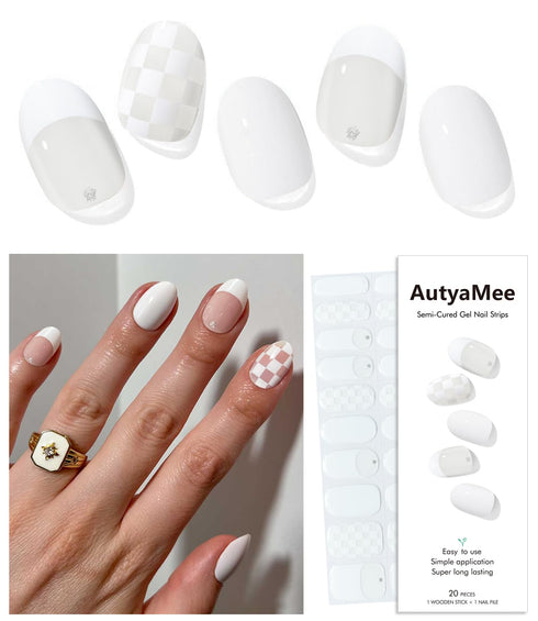 Semi Cured Gel Nail Strips, 20 PCS White Checkered Gel Nail Stickers, UV Light Required for Salon Quality