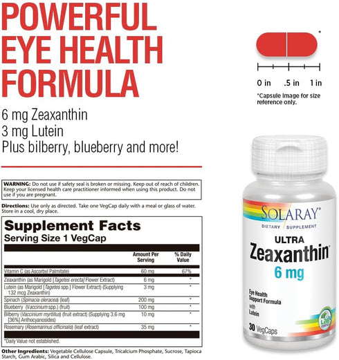 SOLARAY Ultra Zeaxanthin 6 mg Eye Health & Macular Support with Lutein, Bilberry & Blueberry, 30ct