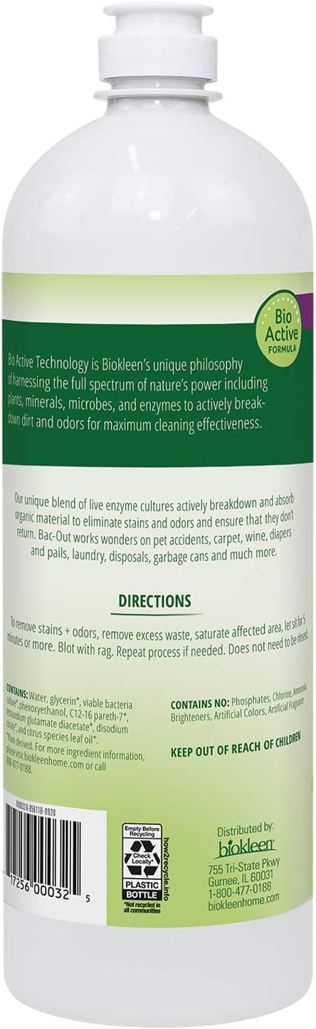 Biokleen Bac Out Stain Remover for Clothes - Natural with Live Enzyme Cultures, for Carpet, Diapers, Wine, Laundry 32 oz - Packaging May Vary