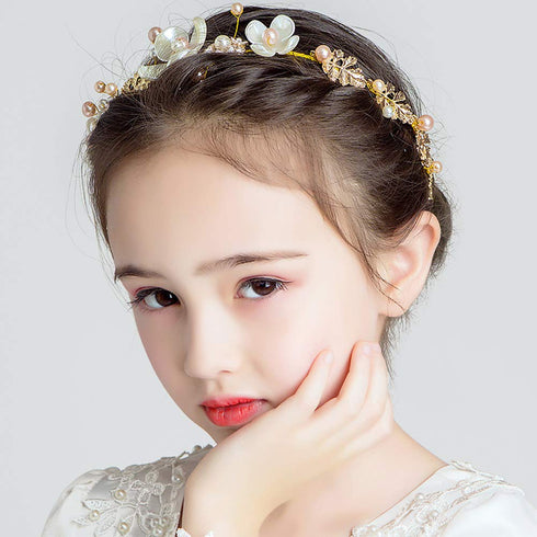 PRDGIRL Kids Wedding Hair Accessories, Floral Princess Headpiece Pearls Tiara, Cute Bridal Hair Band for Girls and Women