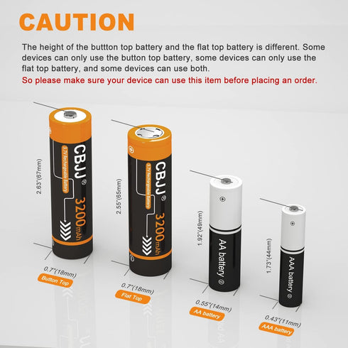 3.7 Volt Rechargeable Batteries 3200mAh for Flashlights, Headlamps, Doorbells, RC Cars etc. (2 Pack Flat Top)