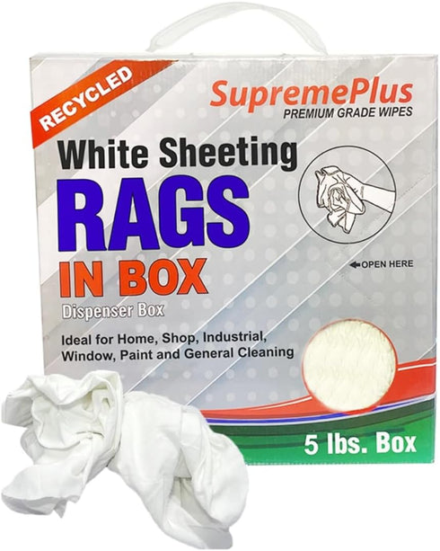 Recycled White Sheeting Rags - 100% Cotton Blend Lint Free Wiping Cloth, Bulk Cleaning Rag (5 lbs. Compressed Box)
