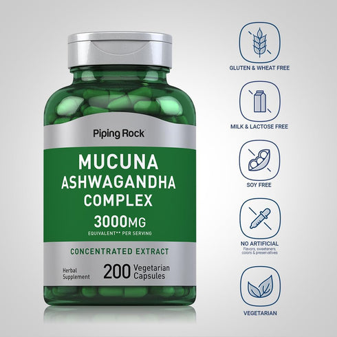 Piping Rock Mucuna Ashwagandha | 200 Capsules | 3000mg | Vegetarian, Non-GMO, Gluten Free | Complex Supplement