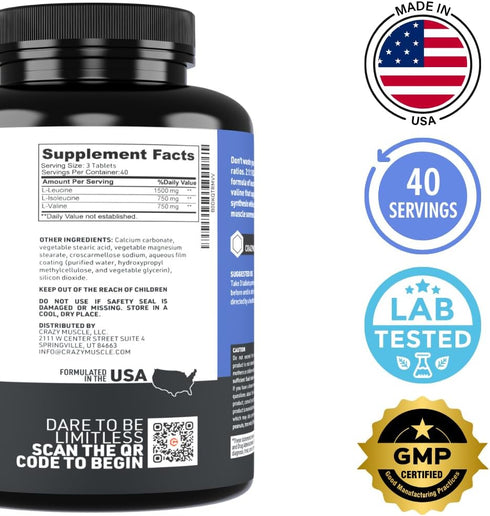 Crazy Muscle BCAA Pills, 2:1:1 Ratio of Branched Chain Amino Acids, 1000mg per Pill, 120 Tablets