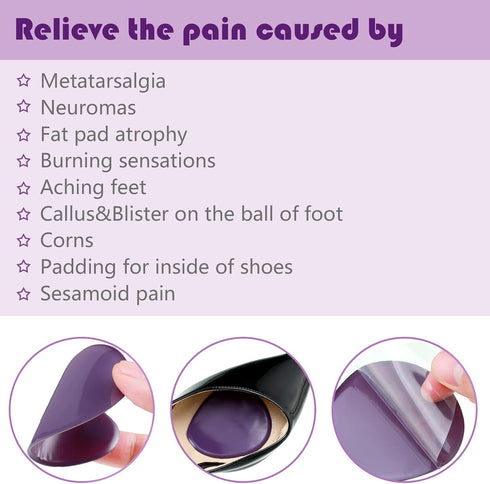 8 Pieces Gel Ball of Foot Cushions, Clear Metatarsal Pads for Foot Pain Relief with 1 Wood Box Storage (Purple)