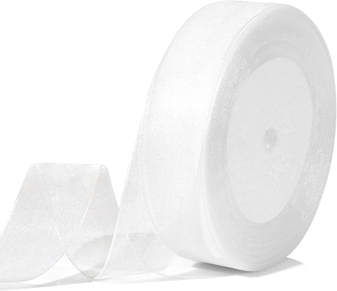 White Ribbon 1 Inch x 50 Yards for Flower Bouquets, Sheer Organza for Gift Wrapping, Wedding Party Decorations