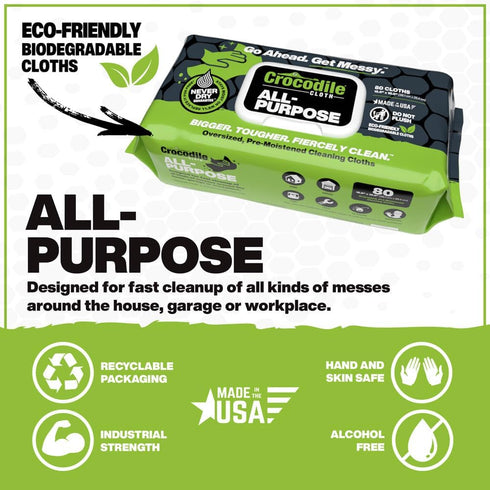 Crocodile Cloth All-Purpose Cleaning Wipes, 80 Biodegradable, 10" x 15", Safe on Skin & Surfaces
