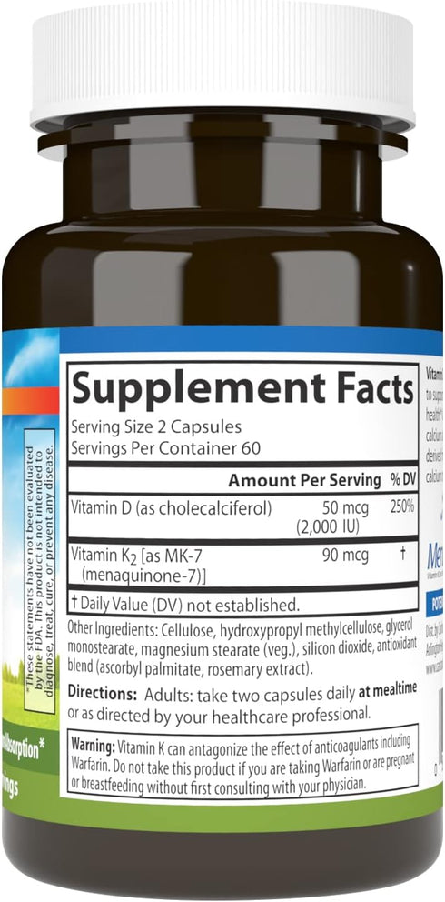 Carlson Vitamin D3 + K2, 50 mcg (2000 IU) Vitamin D3 & 90 mcg Vitamin K2, 120 Capsules