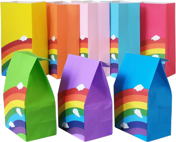 Future Life 24 pcs Rainbow Party Favor Paper Bags, 5.2 * 3.2 * 9.6 Inch, Food Safe Kraft Paper, Biodegradable, Vivid