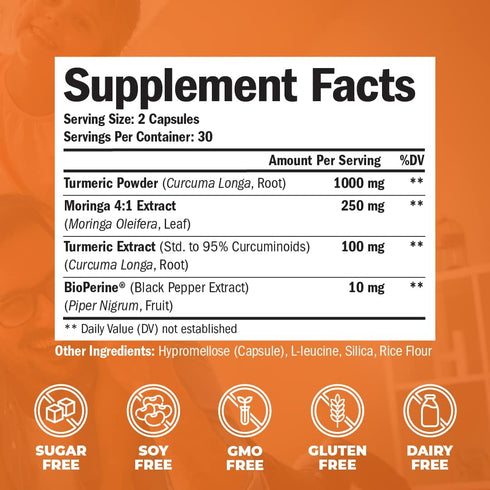 Turmeric Curcumin & Moringa Leaves Extract with Black Pepper, Joint Support Supplement for Joints, Digestion & Energy