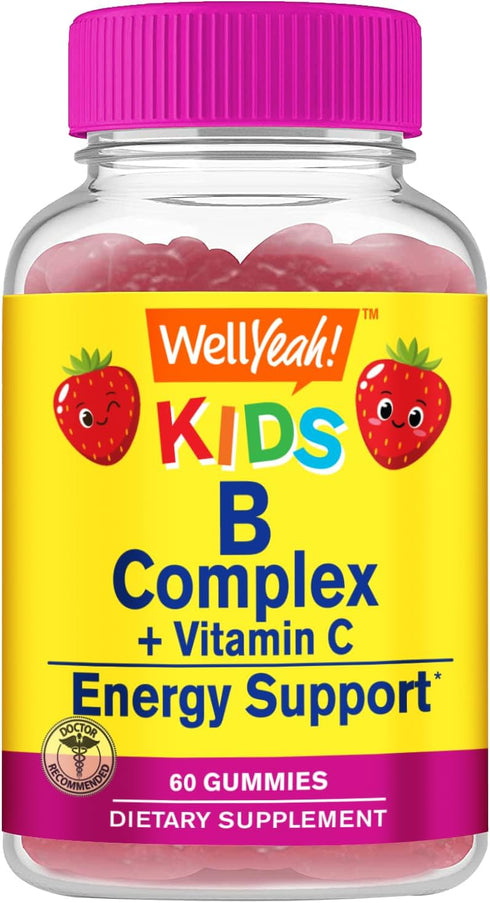 B Complex Gummies for Kids, with Vitamin C, Niacin, B6, Folic Acid, B12, Biotin, Strawberry Flavor, 60 Gummies
