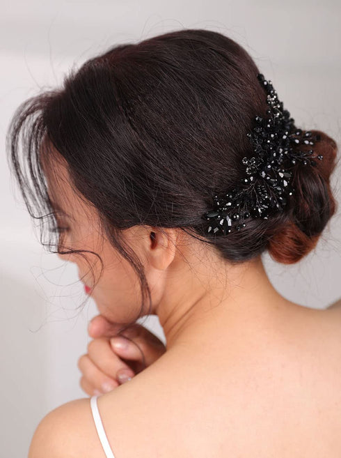 Women Dainty Black Rhinestones Crystal Wedding Hair Comb, Luxurious Bridal Side Hair Accessories
