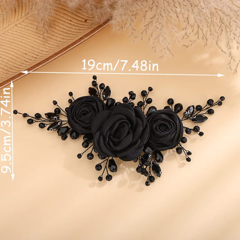 Kercisbeauty Soft Chiffon Black Rose Flower Headband, Handmade Rhinestones Hair Jewelry for Women