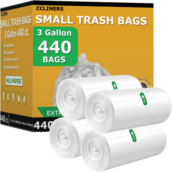 Small Trash Bags, 3 Gallon, 440 Count, Clear Plastic Wastebasket Liners for Home and Office Bins