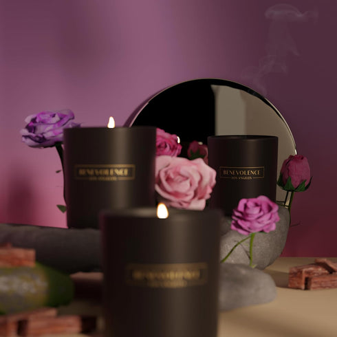 Rose & Sandalwood Scented Candle by Benevolence LA | 8oz Soy Candle, Black Home Fragrance | Gifts for Women and Men