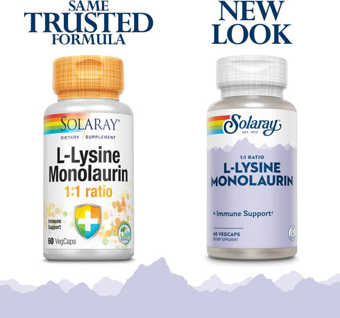 SOLARAY L-Lysine Monolaurin Immune Support Supplement, 500 mg Each, 30 Servings, 60 VegCaps, 60-Day Money Back Guarantee