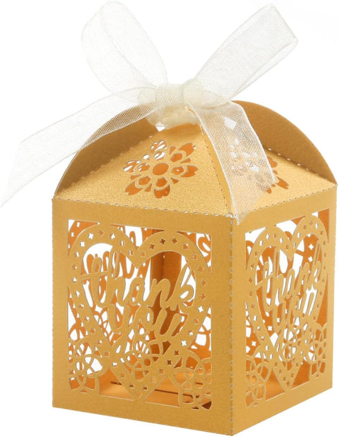 COTOPHER Laser Cut Boxes, 100pcs Thank You Gift Boxes for Wedding Party Favor, Gold (2x2x2.75inch)