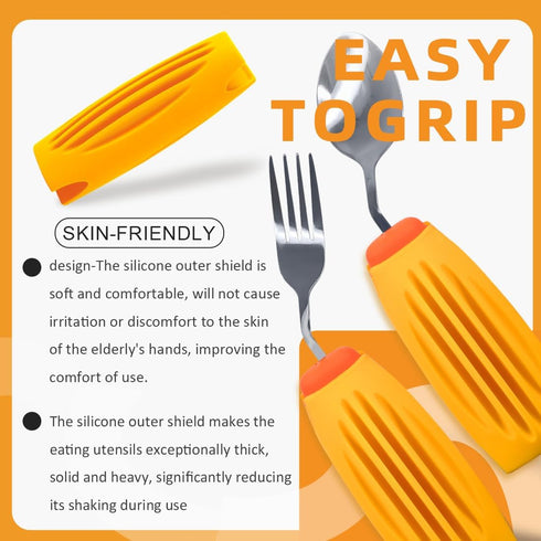 Set, Thick Solid Weighted Adaptive Utensils Non-slip Handle Eating Spoon and Fork for Hand Tremors, Arthritis