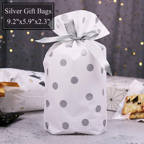 Enjonar 24pcs Treat Bags, Silver Plastic Drawstring Party Favor Bags for Candies and Goodies