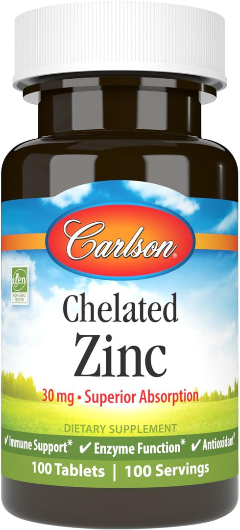 Carlson - Chelated Zinc, 30 mg - Immune Support & Antioxidant, 100 Tablets