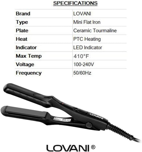 LOVANI Mini Flat Iron, Tourmaline Ceramic Small Hair Straightener, Dual Voltage Travel Hair Iron with Insulated Bag