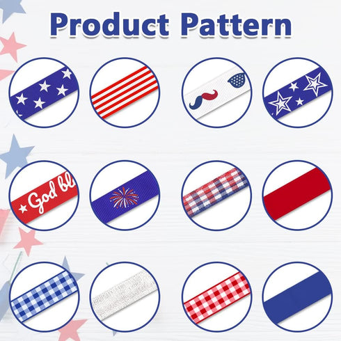 Hying 12 PCS 4th of July Patriotic Ribbons, 3/8" Grosgrain Ribbons Red Blue for Gift Wrapping, Memorial Day Decoration