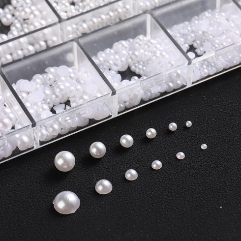 Multi Sizes Round and Half Round Pearls 3D Nail Charms, White Flatback Pearls for Women Girls Nail Jewelry