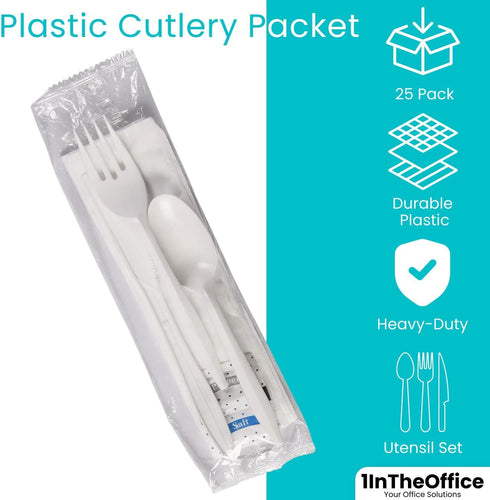 Plastic Utensils Individually Wrapped, Plastic Cutlery Packets, Spoons And Forks Set Disposable With Napkin Salt Pepper, 25 Pack by 1InTheHome