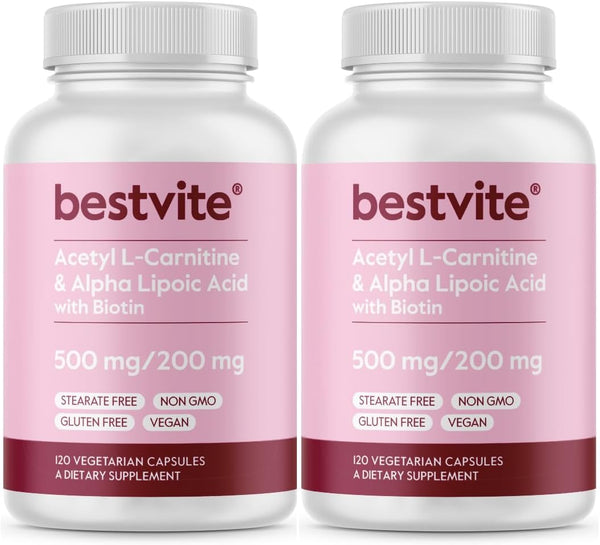 BESTVITE Acetyl L-Carnitine 500mg & Alpha Lipoic Acid 200mg per Capsule - 240 Vegetarian Capsules, Vegan, Non-GMO