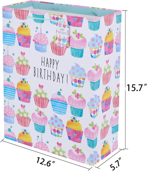 SUNCOLOR 16" Extra Large Gift Bags for Birthday Party with Tissue Paper, 2 Pack, Cupcake Design