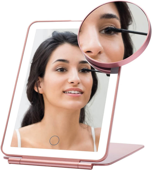 LED Foldable Travel Makeup Mirror - 5x7 inches, 3 Colors Light Modes USB Rechargeable Touch Screen Cosmetic