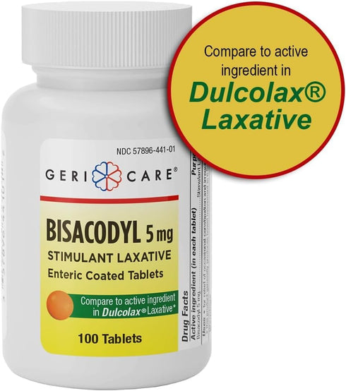GeriCare Bisacodyl 5 mg Laxative Coated Tablet, Generic for Dulcolax, 100 Count, Pack of 2