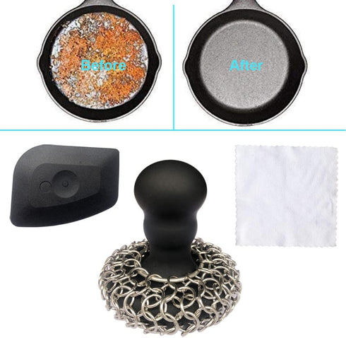 Toiserns 316 Upgraded Chainmail Scrubber with Silicone Handle Cast Iron Cleaner for Cast Iron Grill Pan Skillet Wok