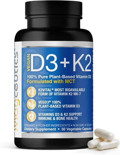 Vitamin D3 K2 with MCT, 5000 IU Vegan D3 & 100 mcg MK7 K2, 30 Capsules for Strong Bones and Immune Health