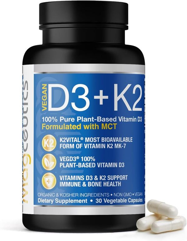 Vitamin D3 K2 with MCT, 5000 IU Vegan D3 & 100 mcg MK7 K2, 30 Capsules for Strong Bones and Immune Health