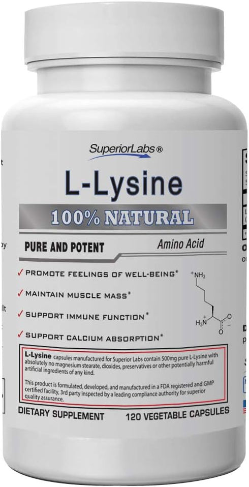 Superior Labs Best L-Lysine NonGMO Dietary Supplement, 500 mg, 120 Vegetable Capsules for Immune Support