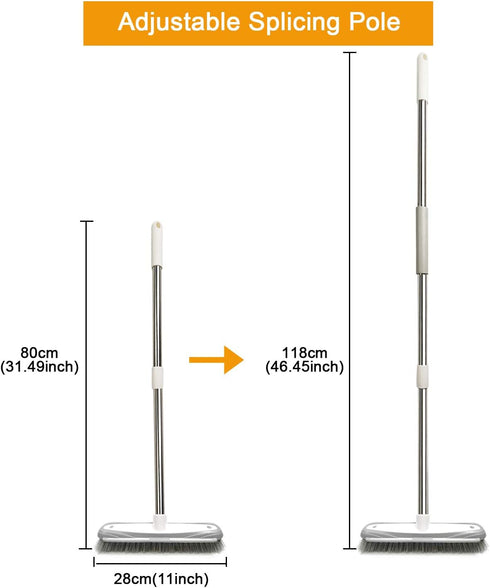 Push Broom with Adjustable Stainless Steel Long Handle - 46.5" for Shower, Patio, Kitchen, Grout, Garage Cleaning