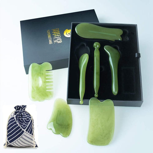 7 Pieces Gua Sha Scraping Massage Tool Set, Natural Resin GuaSha Tool for Face, Back, Neck, with Storage Bag (Green)